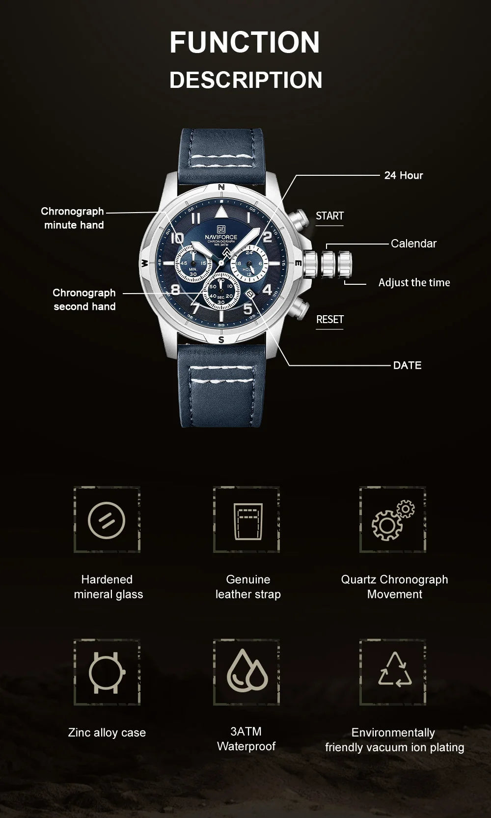 NAVIFORCE Men's Quartz Chronograph Wristwatch Multi Dial 24 Hour Clock Leather Band Modern Business Luxury Design Men Gift Watch