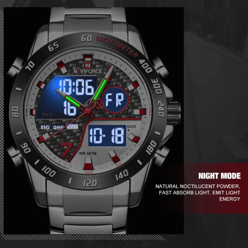 NAVIFORCE Man's Quartz Watch Dual Display Luminous Stainless Steel Strap Male Fashion Business Father's Day Wristwatch Gifts Box