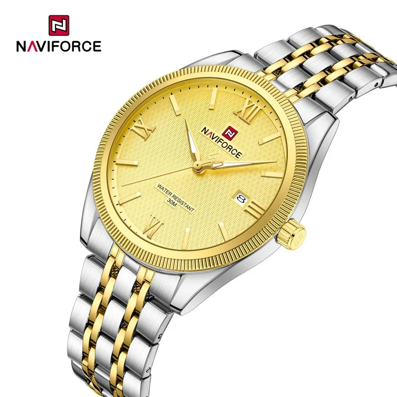 NAVIFORCE Man Wristwatch Quartz Calendar 30M Waterproof Date Display Steel Band Casual Male Business Watch Gift for Father's Day