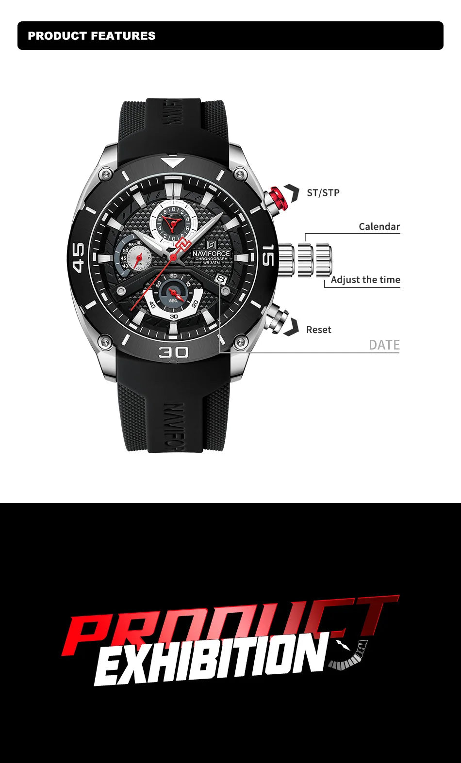 NAVIFORCE Man's Watch Quartz Chronograph 30M Waterproof Luminous Silicone Strap Trendy Sports Simple Wristwatch Gift Box for Men