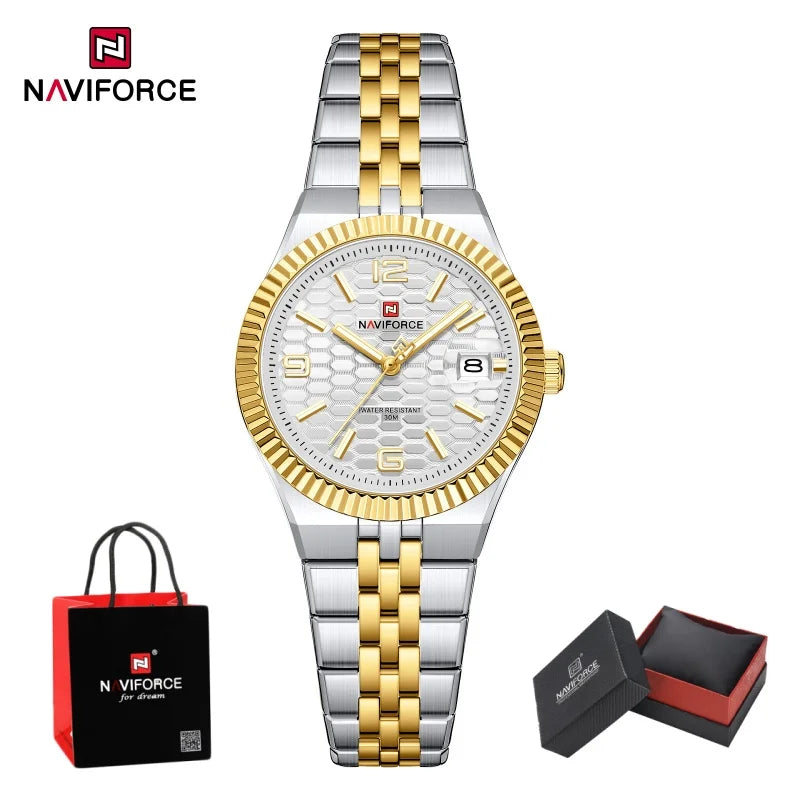 NAVIFORCE Luxury Women Quartz Calendar Watch 30M Waterproof Luminous Steel Strap Female Casual Girls Fashion Wristwatch Gift Box