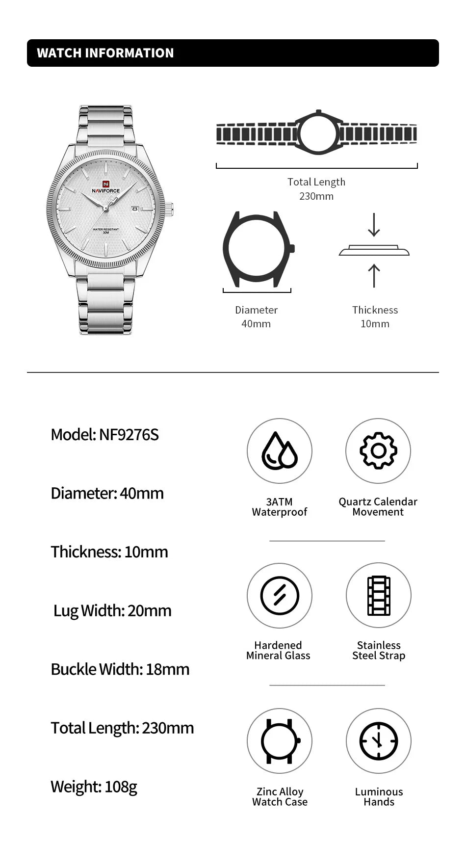 NAVIFORCE Fashion Watches for Men Luxury Business Stainless Steel Strap Quartz Wristwatches Waterproof Calendar Luminous Clock