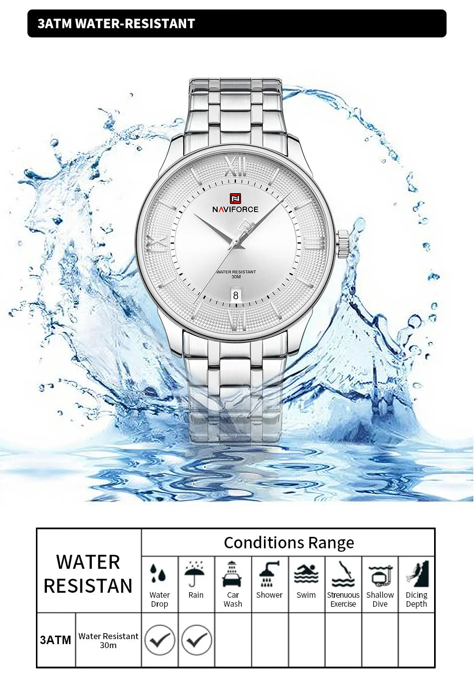 NAVIFORCE Man's Watch Quartz Calendar 30M Waterproof Stainless Steel Male Stylish Daily Luxury Wristwatch Gifts Box Father's Day