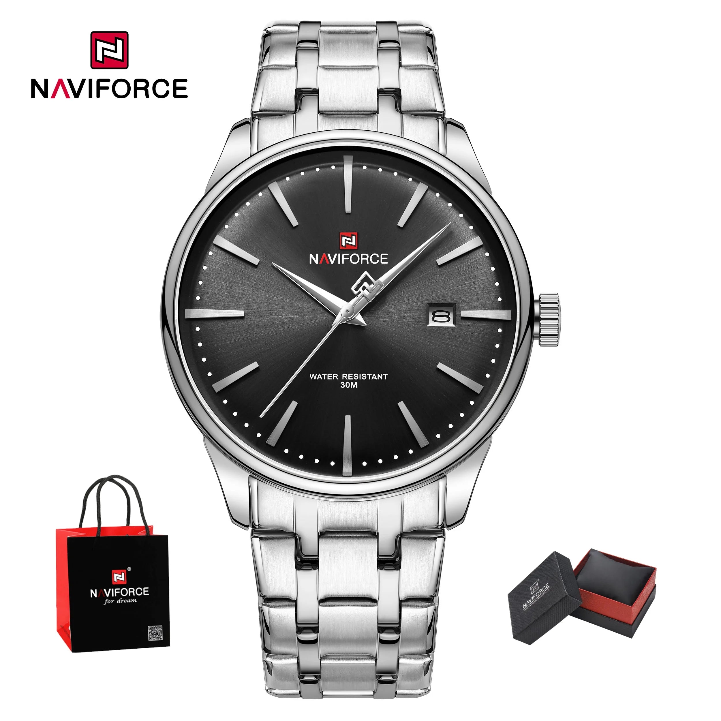 New NAVIFORCE Men's Fashion Business Stainless Steel Strap Quartz Wristwatches Calendar Watch Waterproof Relogio Masculino Gifts