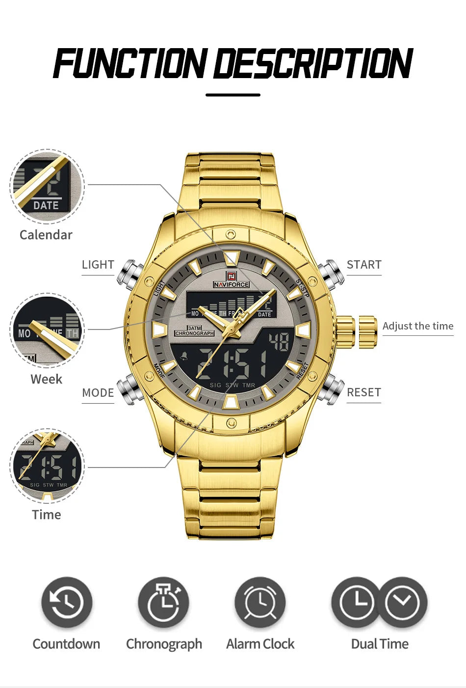 NAVIFORCE Brand Men's Watches Luxury Fashion Stainless Steel Quartz Chronograph Alarm Wristwatch for Male Water Resistant Sport