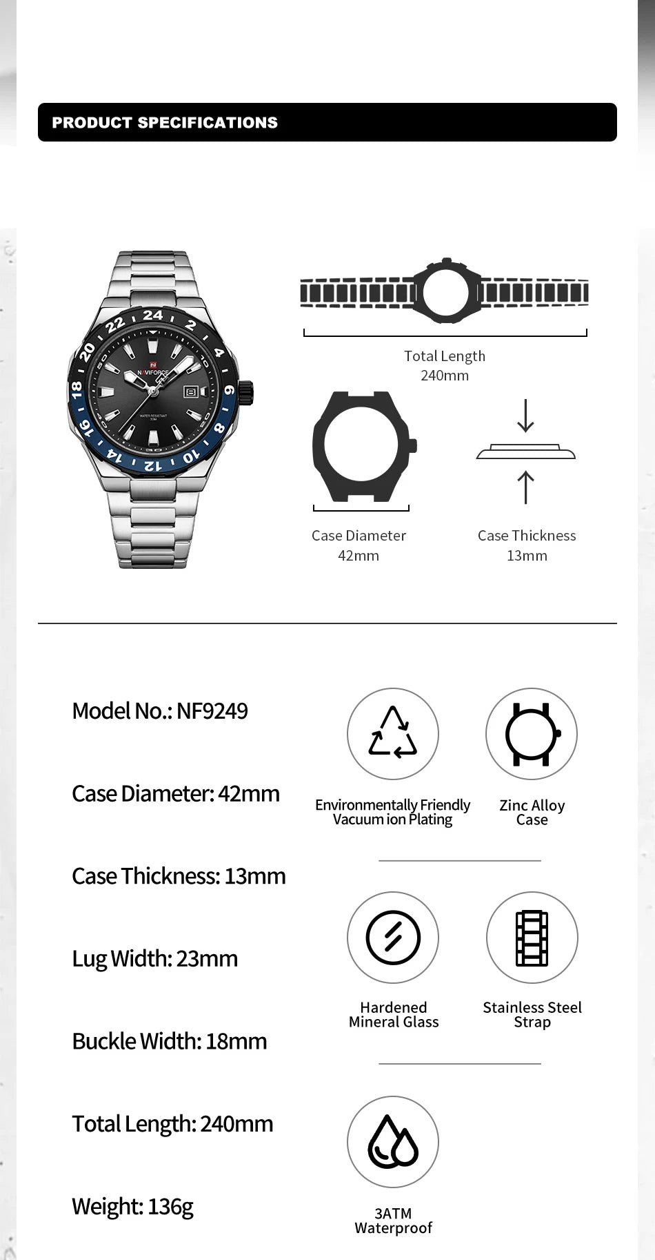 NAVIFORCE Watches for Man Luxury Sports Quartz Clock Luminous Calendar Stainless Steel Waterproof Wristwatch Relogio Masculino