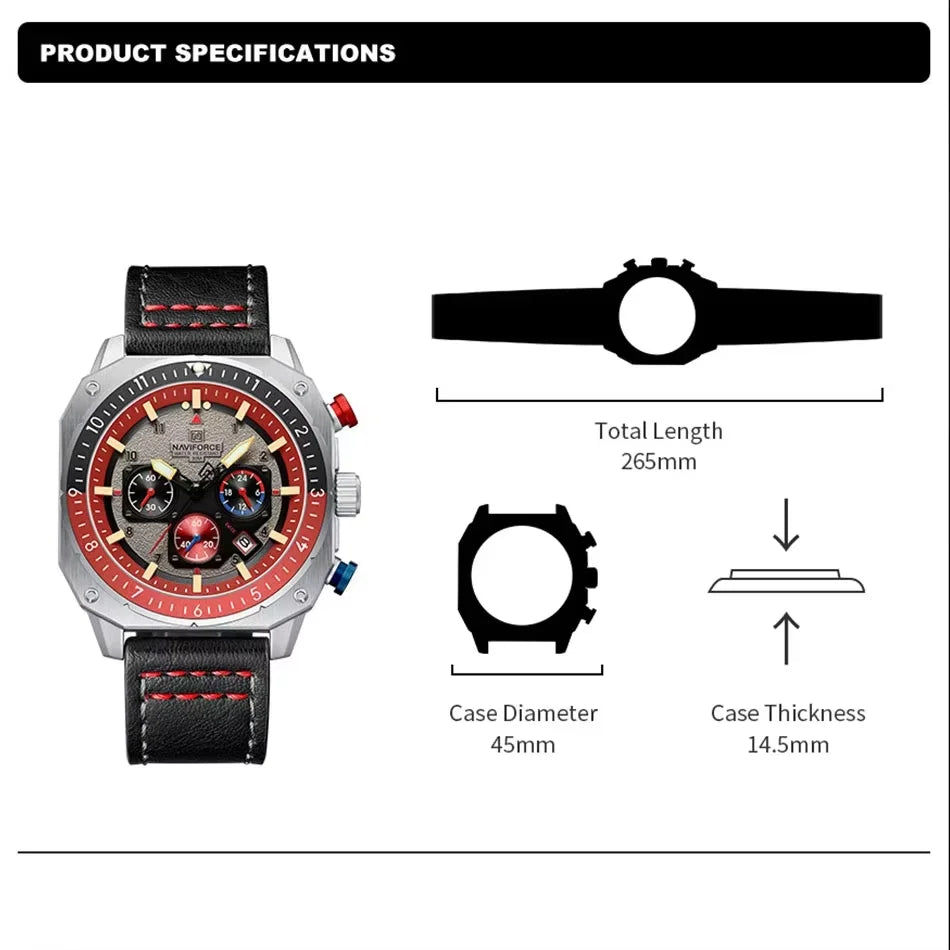 NAVIFORCE Sports Multifunction 24 Hours Date Display Waterproof Watch for Men Fashion Leather Quartz Analog Luminous Wrist Watch