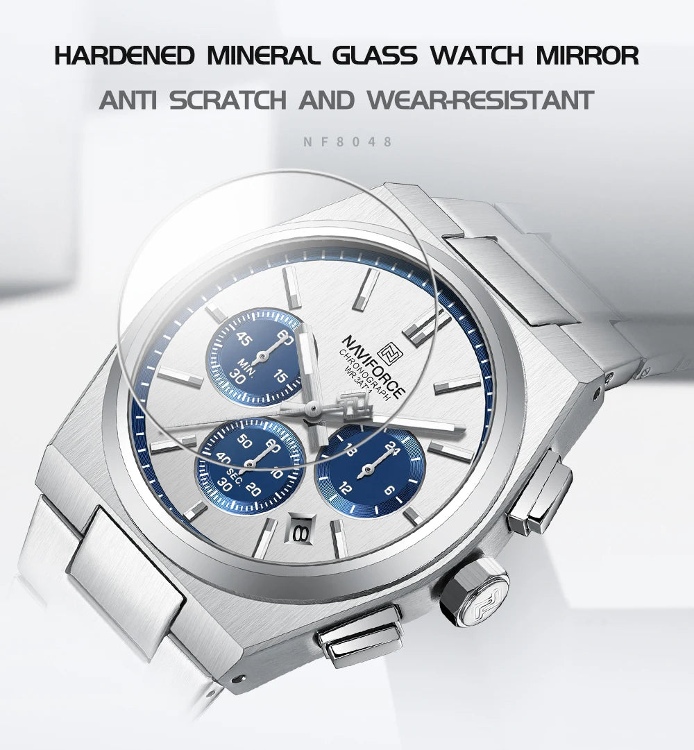 NAVIFORCE Male Quartz Stylish Watches Chronograph Waterproof Luminous Hands Stainless Steel Band Men Luxury Business Wristwatch