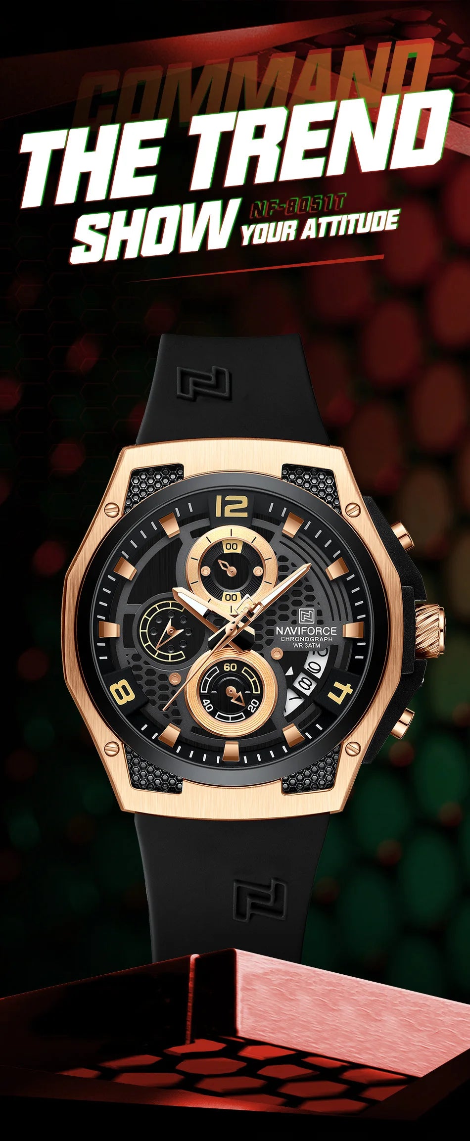 NAVIFORCE Men's Luxury Silicone Strap Male Quartz Wristwatch Casual Sport Waterproof Luminous Clock Relogio Masculino 2024 New