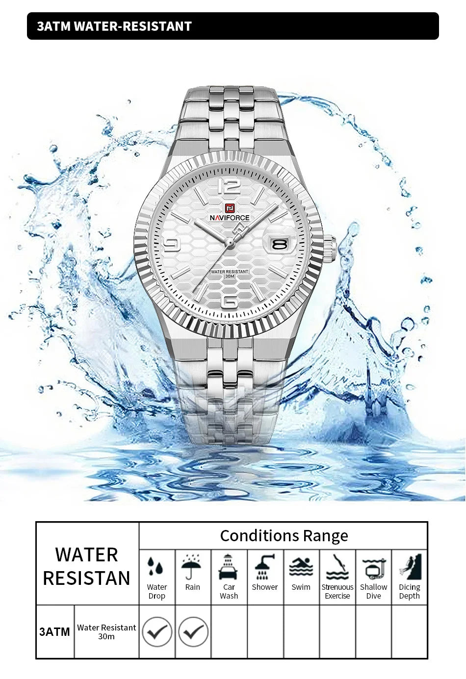 NAVIFORCE Couple Watch Quartz Calendar 3ATM Waterproof Stainless Steel Trendy Luxury Lover Wristwatch for Men and Women Gifts