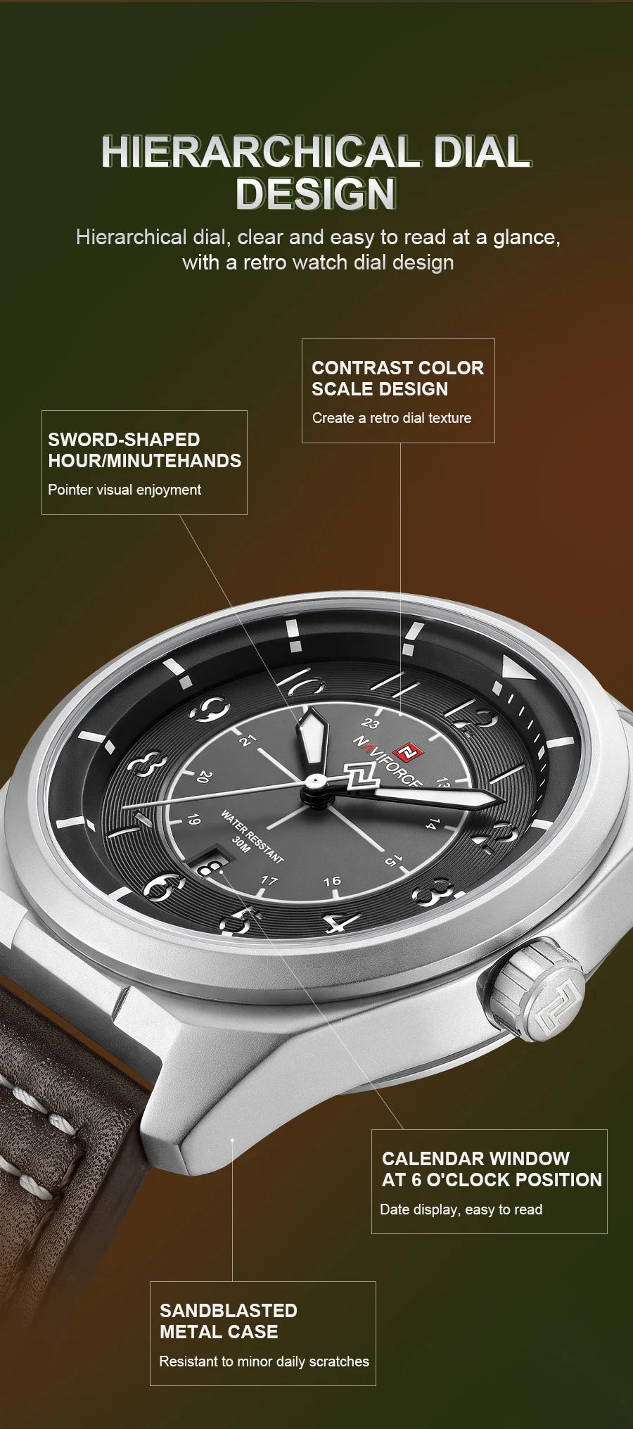 NAVIFORCE Men's Quartz Calendar Watch 3ATM Waterproof Leather Strap Casual Fashion Business Daily Wear Male Wristwatch Gift Box