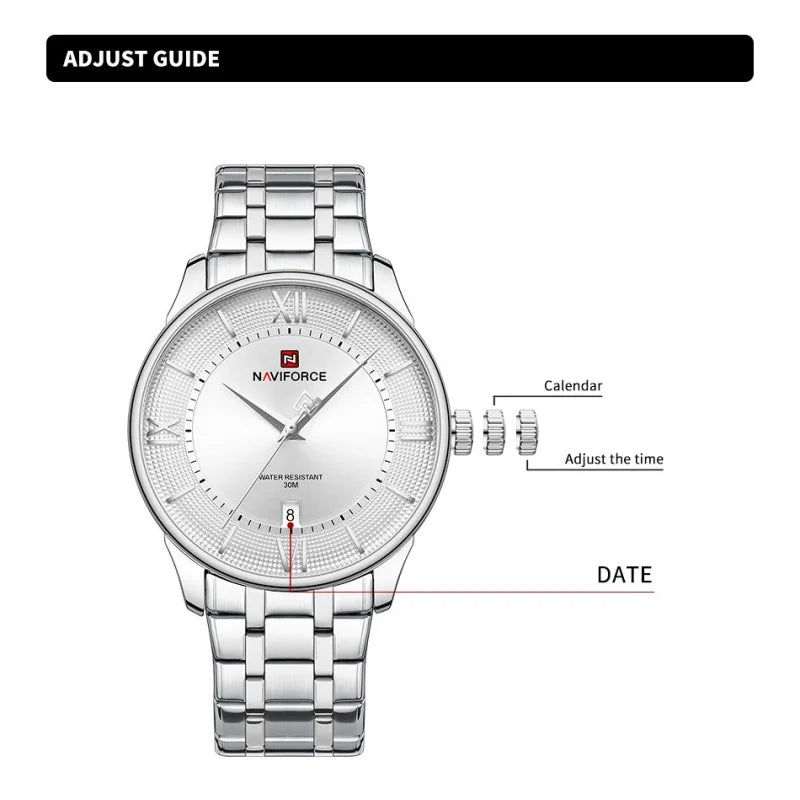 NAVIFORCE Man's Watch Quartz Calendar 30M Waterproof Stainless Steel Male Stylish Daily Luxury Wristwatch Gifts Box Father's Day