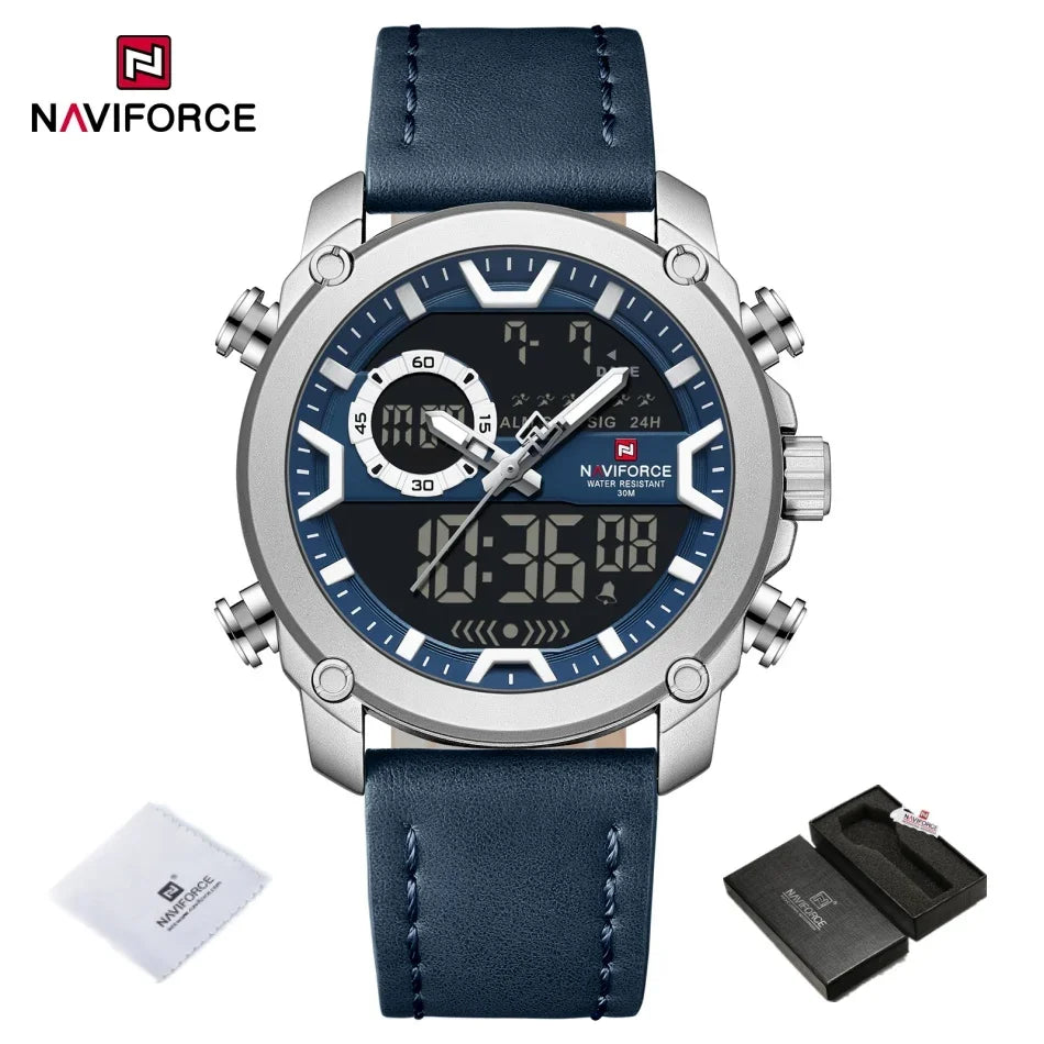 NAVIFORCE Mens Watch Original Simple Brand Quartz Watch Japan Movement Genuine Band Luminous Dual Display Watches For Men Gifts