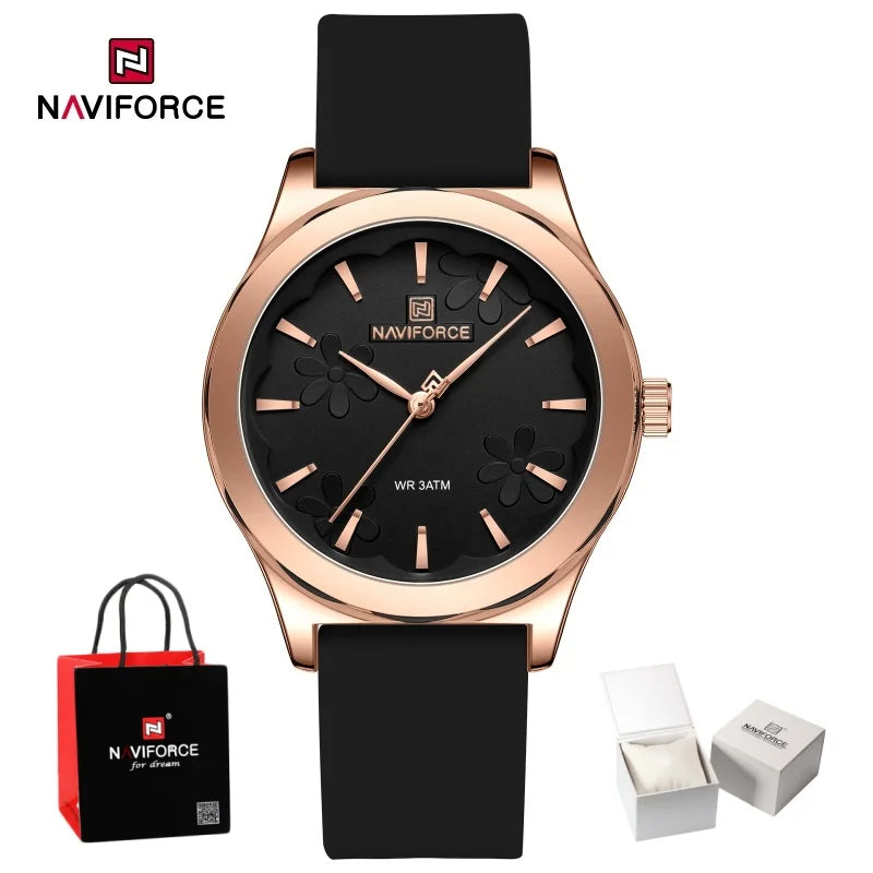 NAVIFORCE Women Simple Fashion Wristwatch Quartz 3ATM Waterproof Comfortable Silicone Strap Female Exquisite Wristwatch Gift Box