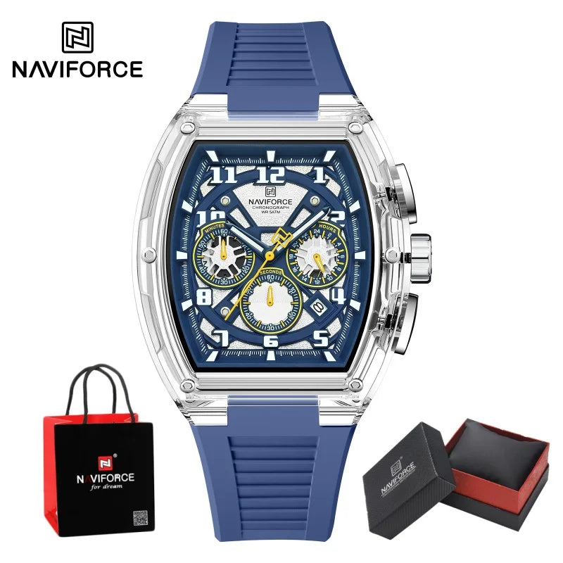 NAVIFORCE Men's Watch Quartz Chronograph Luminous Soft Silicone Strap Business Trendy Outdoor Casual Wristwatch Gift Box for Man