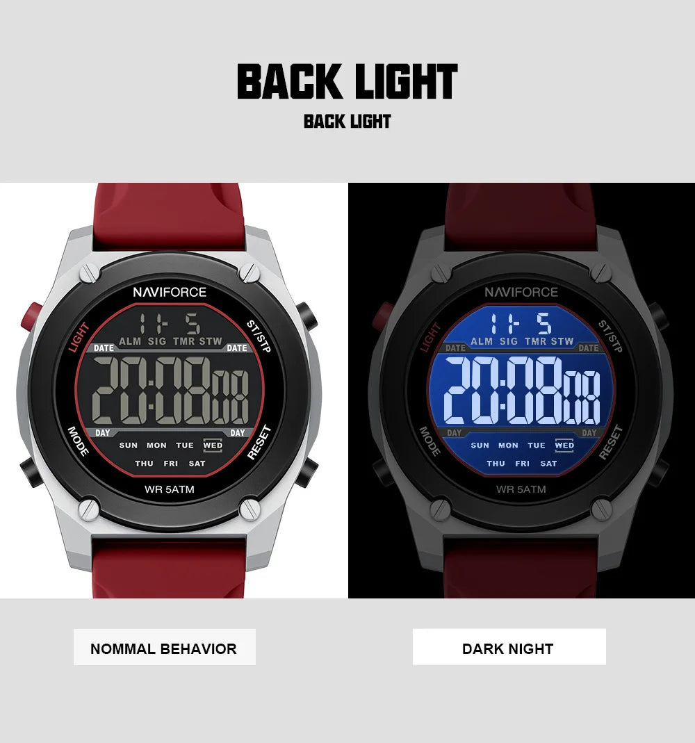 NAVIFORCE Men's LCD Digital Watch 50M Water Resistant Electronic Calendar Fashion Silicone Band Alarm Clock Wristwatch Gifts Box
