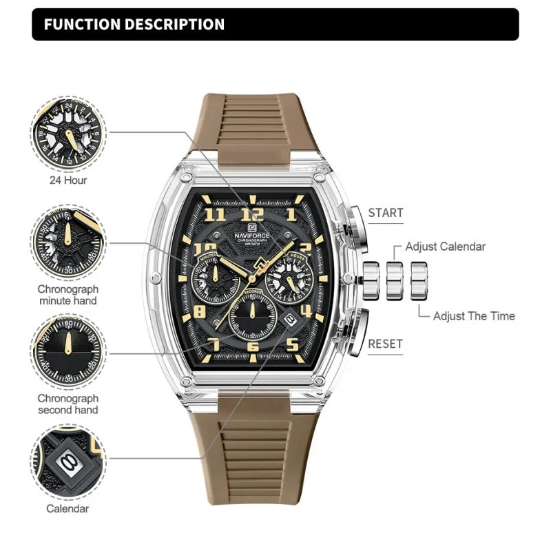 NAVIFORCE Men's Watch Quartz Chronograph Luminous Soft Silicone Strap Business Trendy Outdoor Casual Wristwatch Gift Box for Man