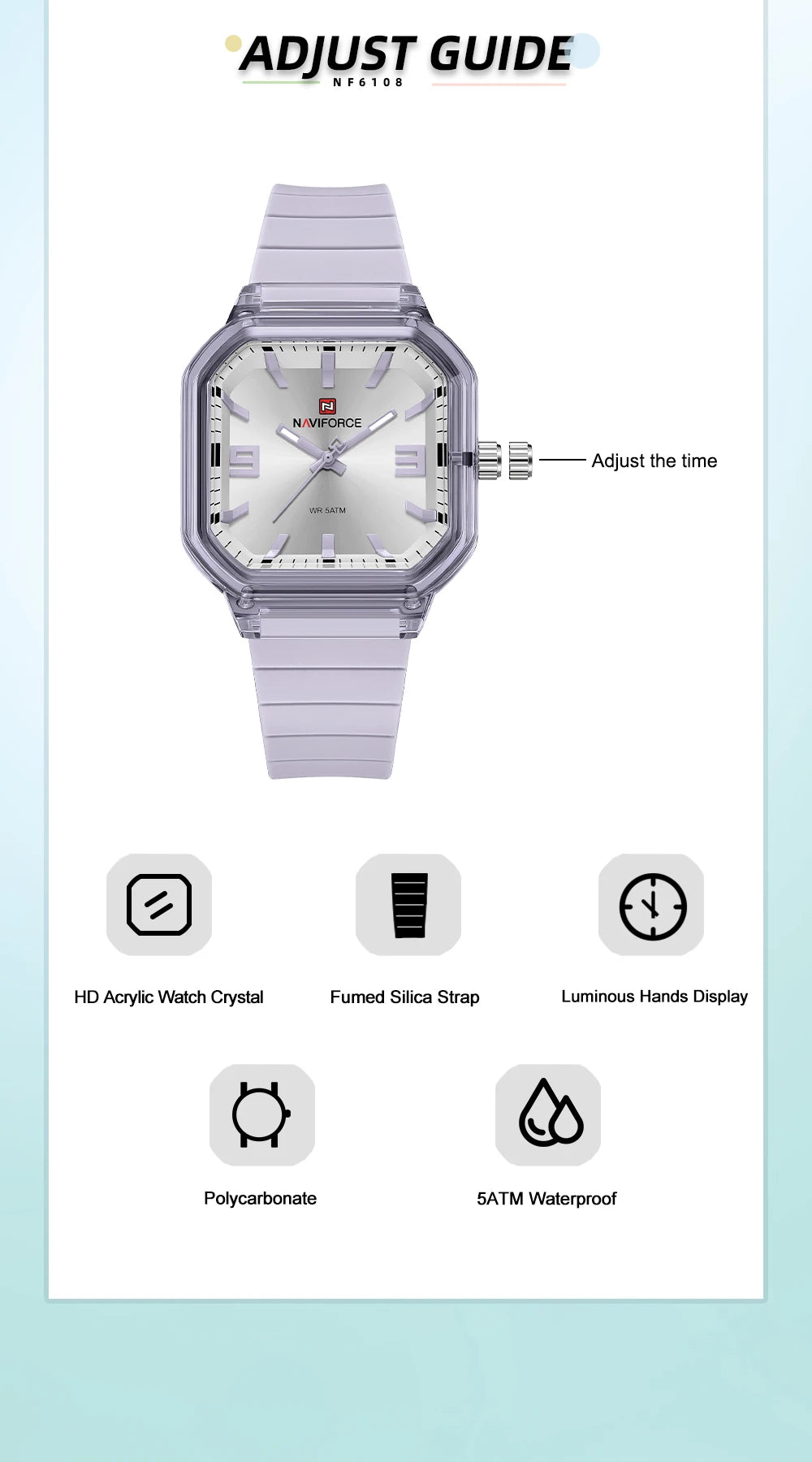 NAVIFORCE Women Polygon Watch Display Silicone Strap 50M Waterproof Luminous Fashionable Elegant Ladis Girls Wristwatch Gift Box