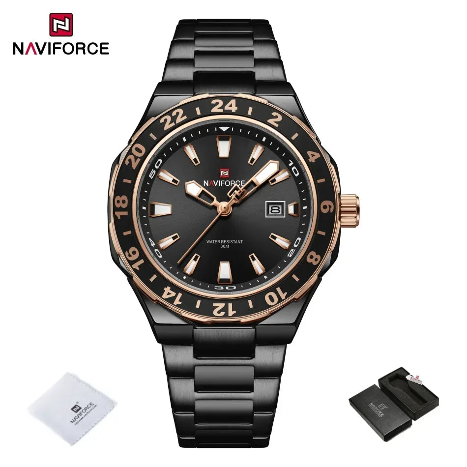 NAVIFOCE Luxury Business Man Watch Sport 3ATM Waterproof Quartz Clock Man Military Stainless Band WristWatch Relogio Masculino