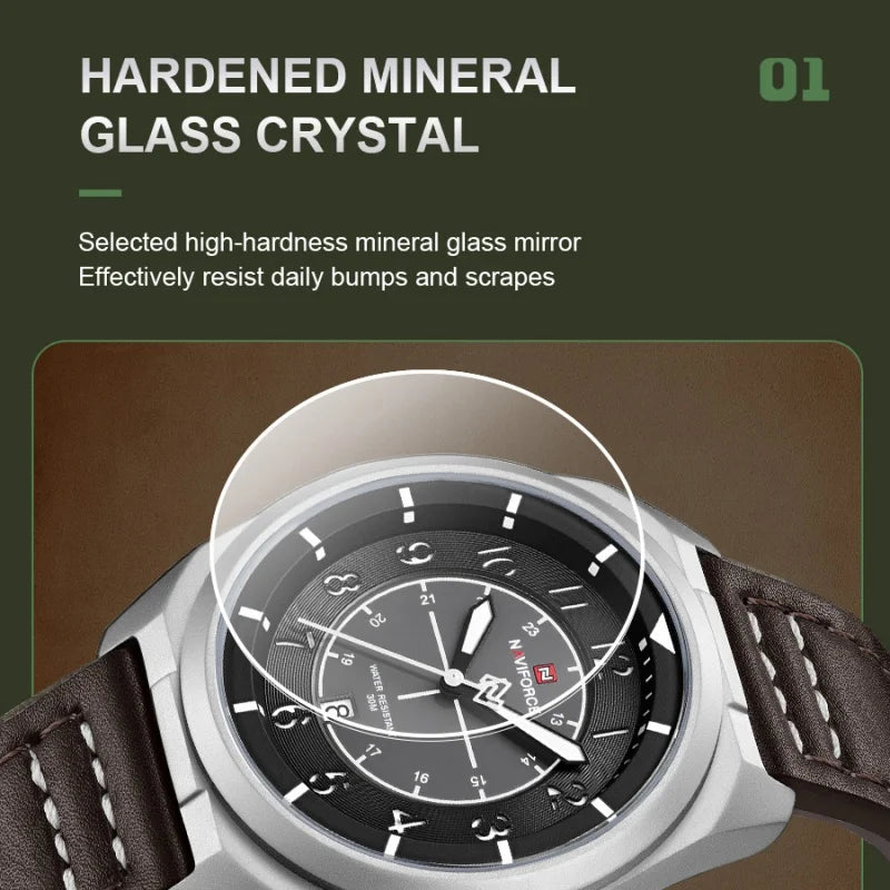 NAVIFORCE Men's Quartz Calendar Watch 3ATM Waterproof Leather Strap Casual Fashion Business Daily Wear Male Wristwatch Gift Box