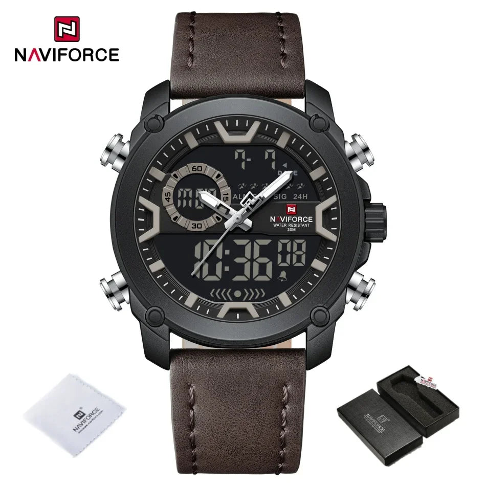 NAVIFORCE Mens Watch Original Simple Brand Quartz Watch Japan Movement Genuine Band Luminous Dual Display Watches For Men Gifts