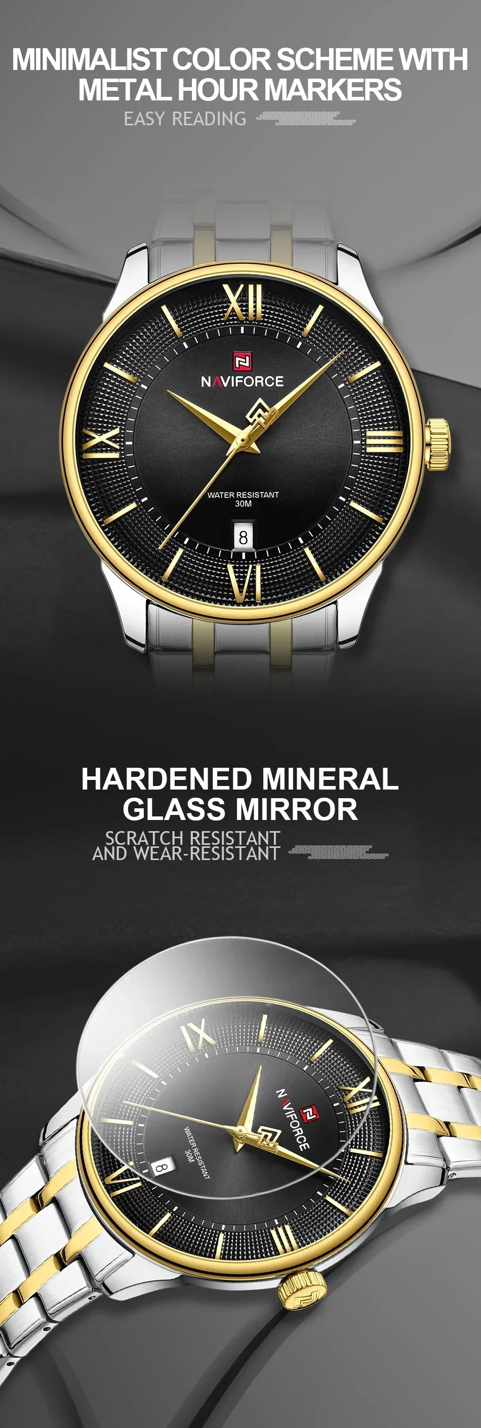 NAVIFORCE Men's Watch Stainless Steel Strap Waterproof Luxury Sport Male Quartz WristWatch Calendar Clock Reloj Hombre man gift