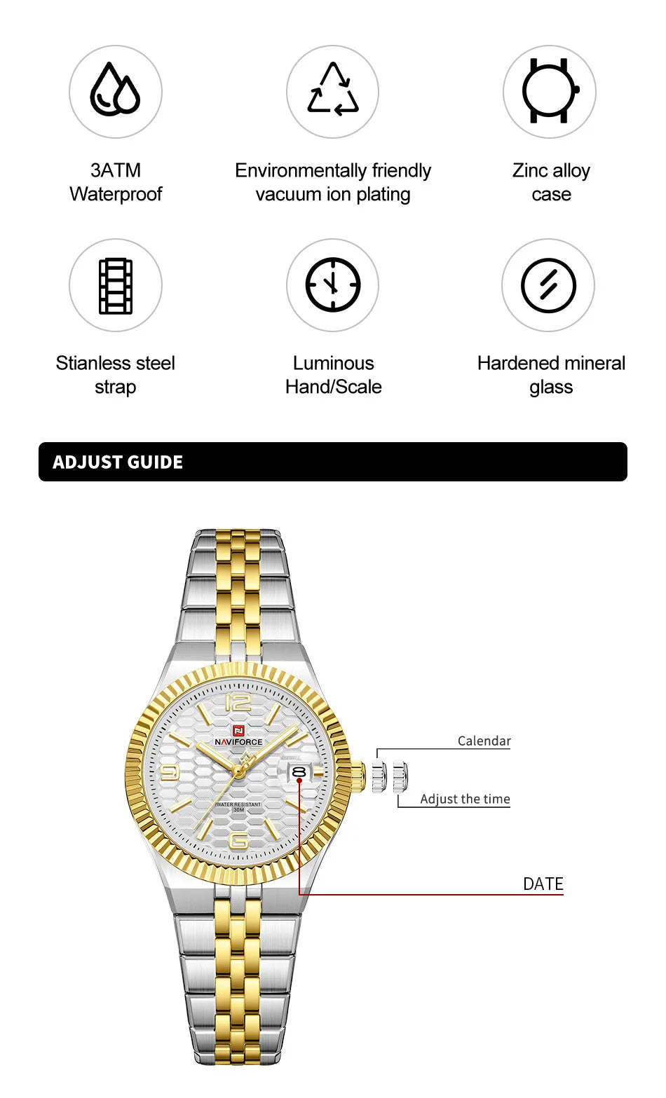 NAVIFORCE New Lover Watches 3ATM Waterproof Quartz Calendar Stainless Steel Fashionable Elegant Daily Wear Wristwatch for Couple