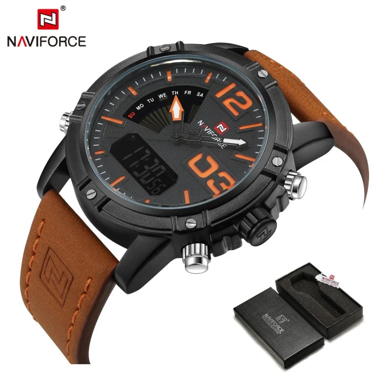 NAVIFORCE Luxury Brand Men's Sport Watches Men Dual Display LED Digital Waterproof Leather Strap Quartz Military Watch Man Clock