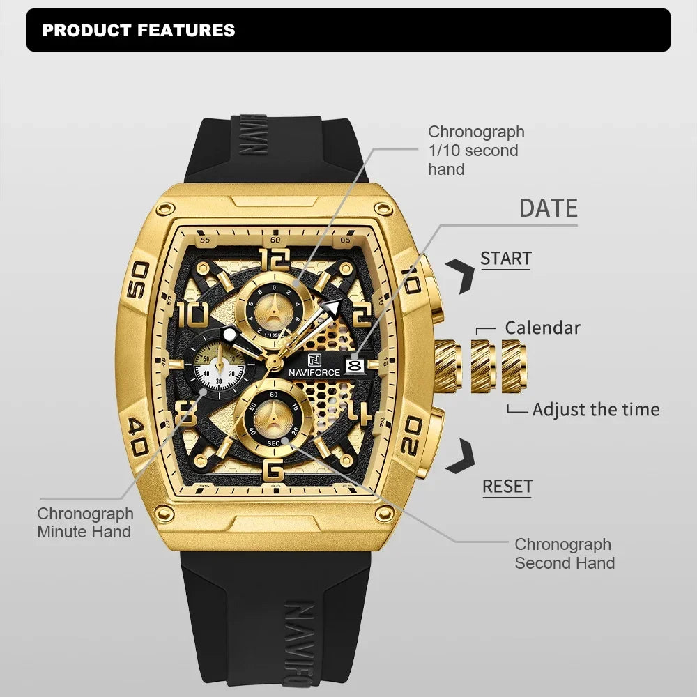 Fashion Brand NAVIFORCE  Men Gold Design Quartz Watches Casual Male  Wrist Watch Large Dia Multi-function PU Waterproof Clock