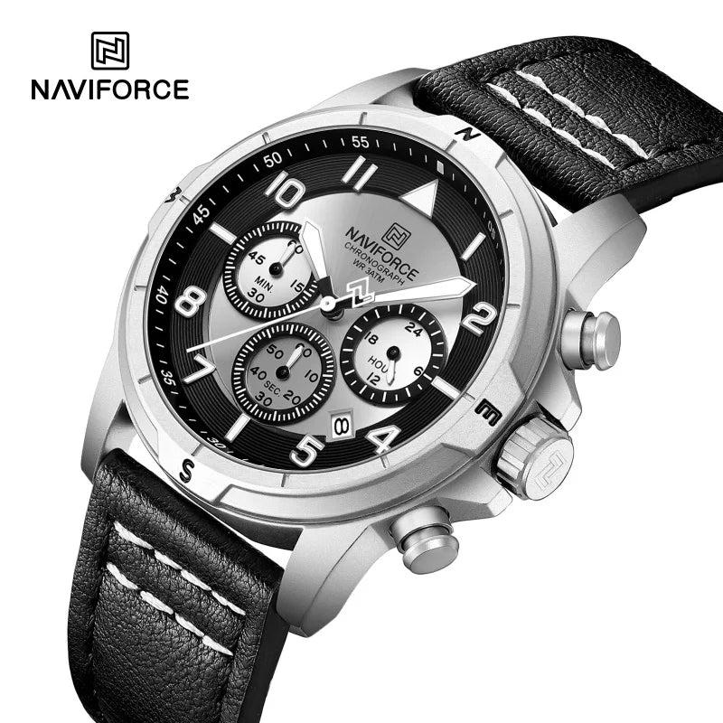 NAVIFORCE Men's Quartz Chronograph Wristwatch Multi Dial 24 Hour Clock Leather Band Modern Business Luxury Design Men Gift Watch