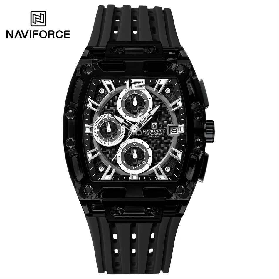 NAVIFORCE Men's Quartz Watch Multifunctional Colorful Chronograph Top Brand Silicone Strap 5ATM Waterproof Tonneau Wristwatches
