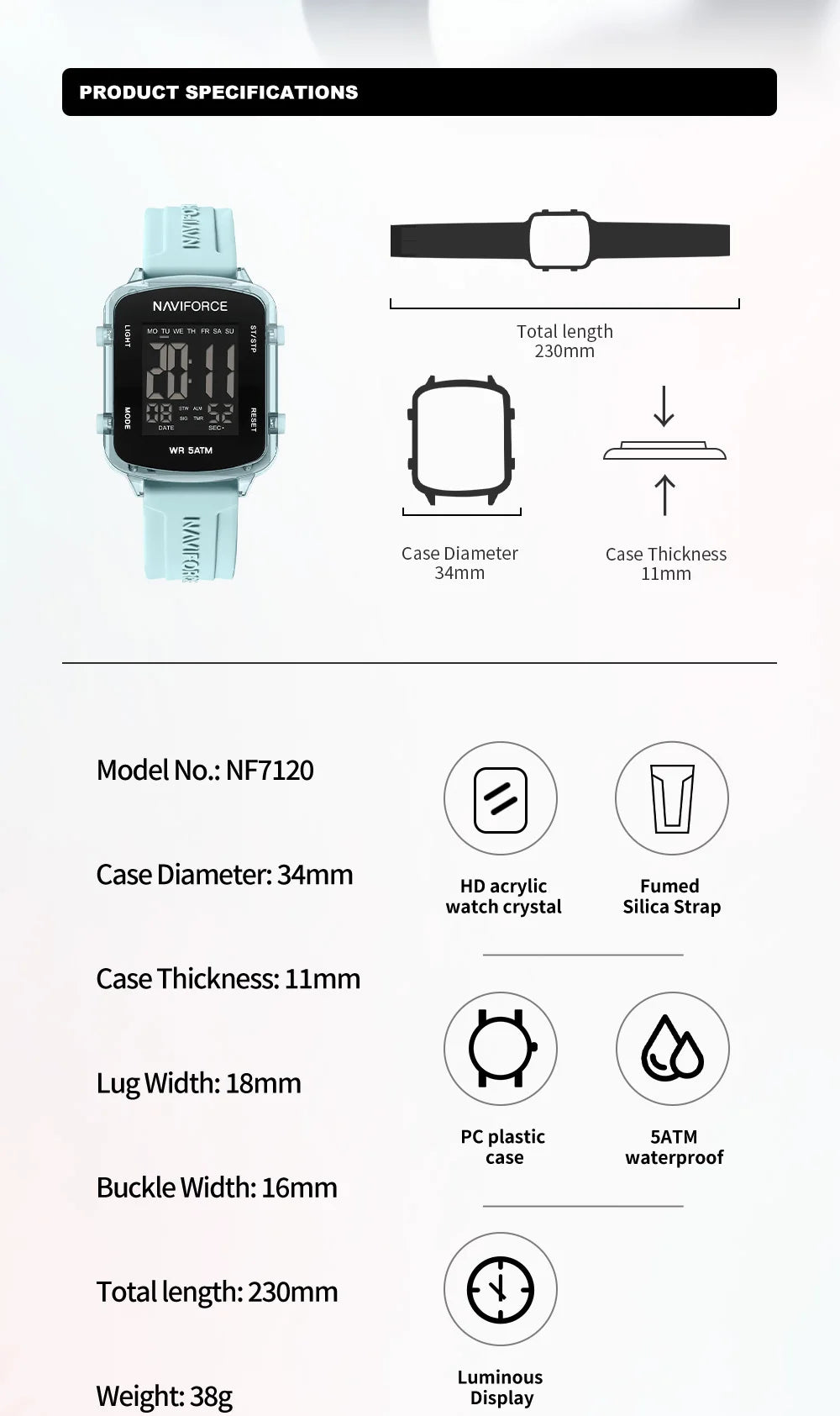 NAVIFORCE Watches for Woman LCD Digital 5ATM Waterproof Date Display Soft Silicone Strap Female Daily Casual Sports Wristwatch