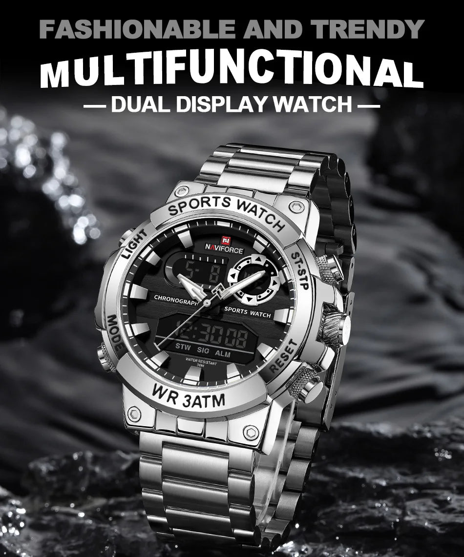 NAVIFORCE Men Watch Stopwatch Dual Time Display Men's Watch Fashion Sport Watch Stainless Steel Strap Waterproof  Package Gifts