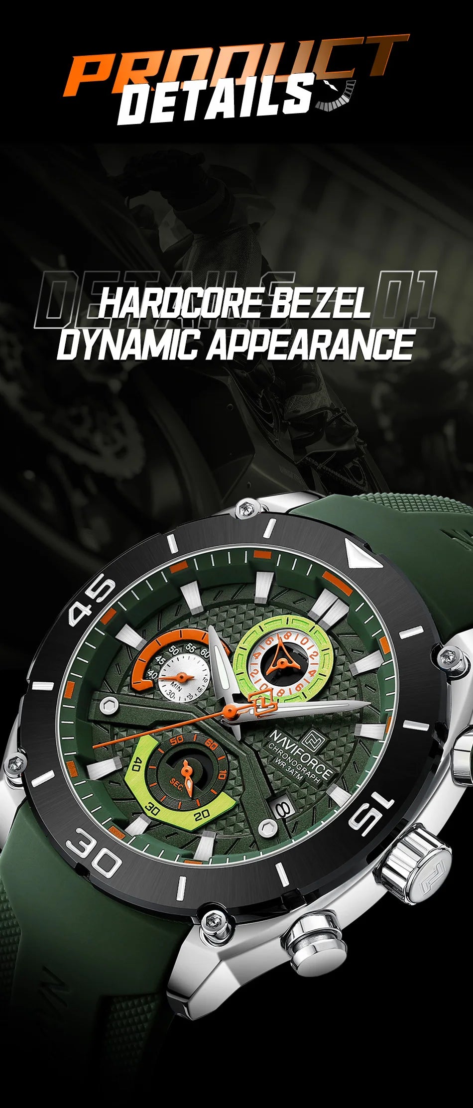 NAVIFORCE Man's Watch Quartz Chronograph 30M Waterproof Luminous Date Display Silicone Strap Trends Sports Wristwatch for Men