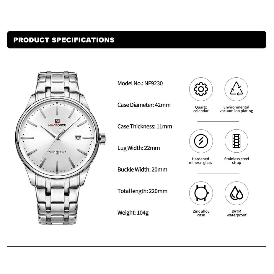 Top Brand NAVIFORCE Men's Calendar Watch Waterproof Fashion Business Stainless Steel Strap Quartz Wristwatches Relogio Masculino