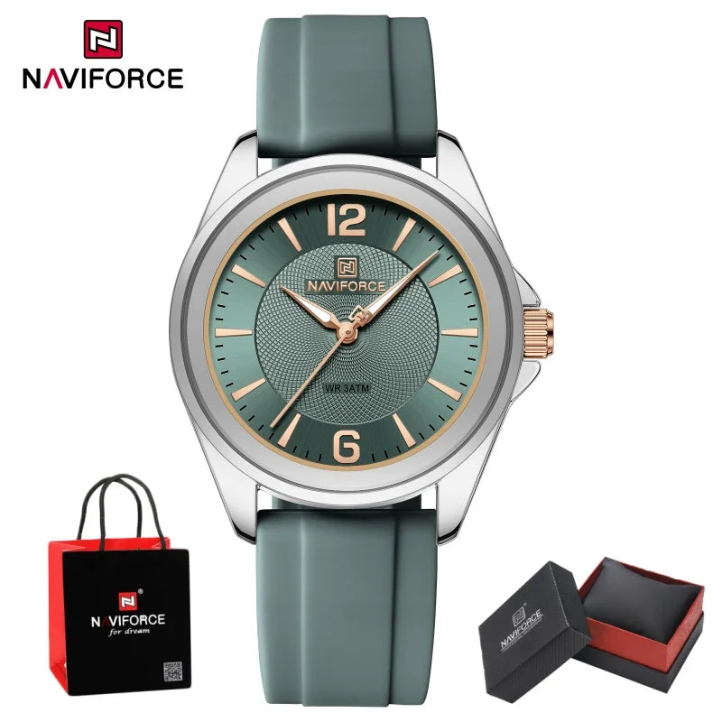 NAVIFORCE Top Brand Women's Quartz Watch Silicone Strap Fashionable Wristwatch Comfortable Girls Simple Gift Clock Box NF5068