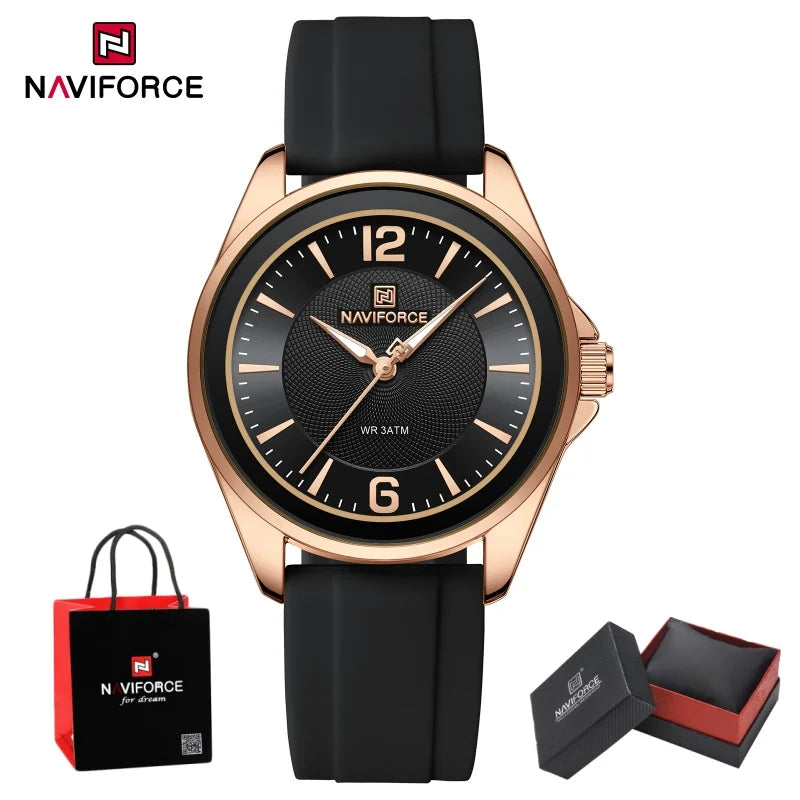 NAVIFORCE Top Brand Women's Quartz Watch Silicone Strap Fashionable Wristwatch Comfortable Girls Simple Gift Clock Box NF5068