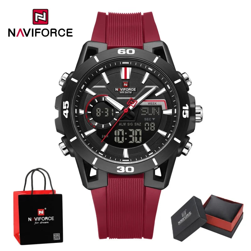 NAVIFORCE Men's Fashion Dual Display Watch 5ATM Waterproof Luminous Soft TPU Strap Male Sports Outdoor Daily Wristwatch Gift Box