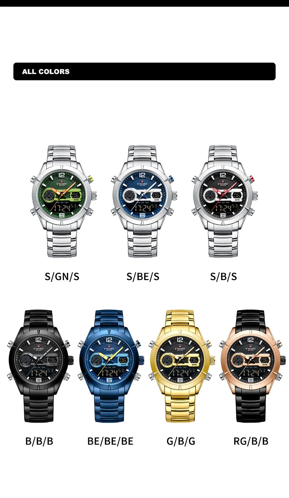 NAVIFORCE Brand Luxury Watch For Men Waterproof Digital Sport Quartz Wristwatches Military Luminous Stainless Steel Strap Clock