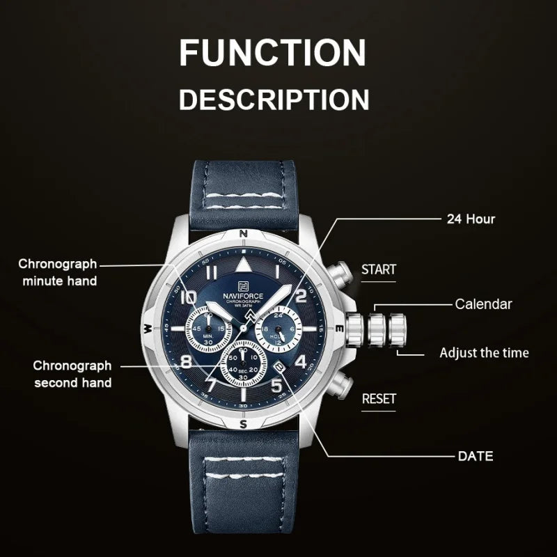 NAVIFORCE Men's Quartz Chronograph Wristwatch Multi Dial 24 Hour Clock Leather Band Modern Business Luxury Design Men Gift Watch