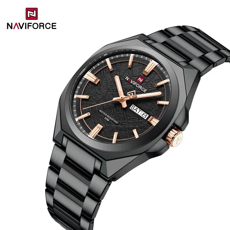 NAVIFORCE Men's Watch Quartz Calendar Week Display Waterproof Luminous Steel Band Male Trendy Outdoor Business Wristwatch NF9273