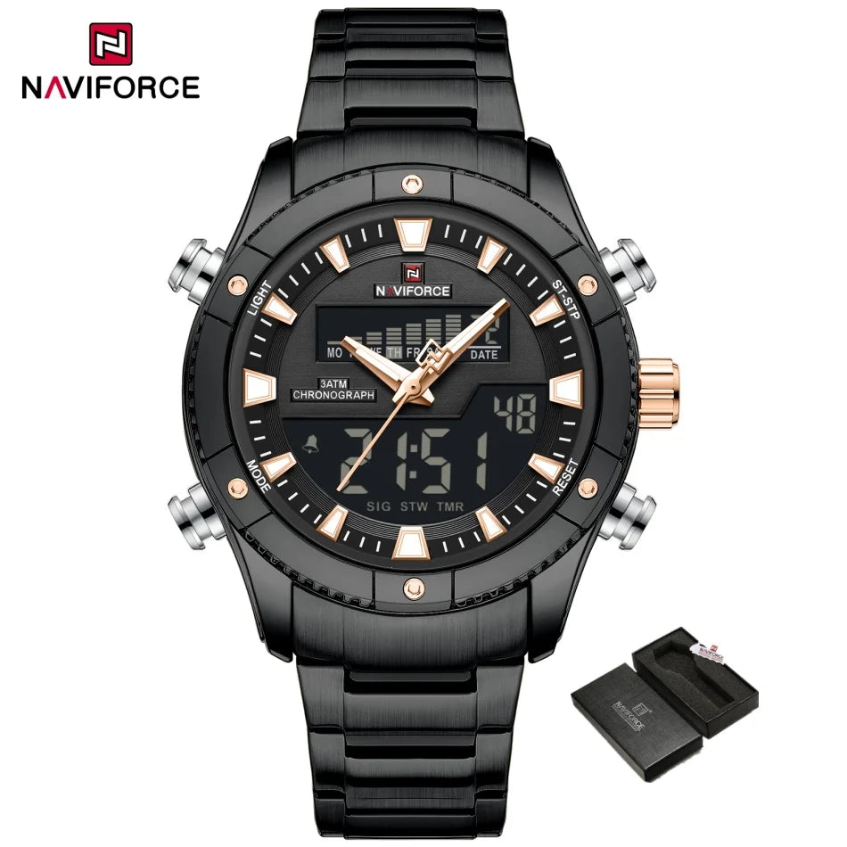 NAVIFORCE Brand Men's Watches Luxury Fashion Stainless Steel Quartz Chronograph Alarm Wristwatch for Male Water Resistant Sport