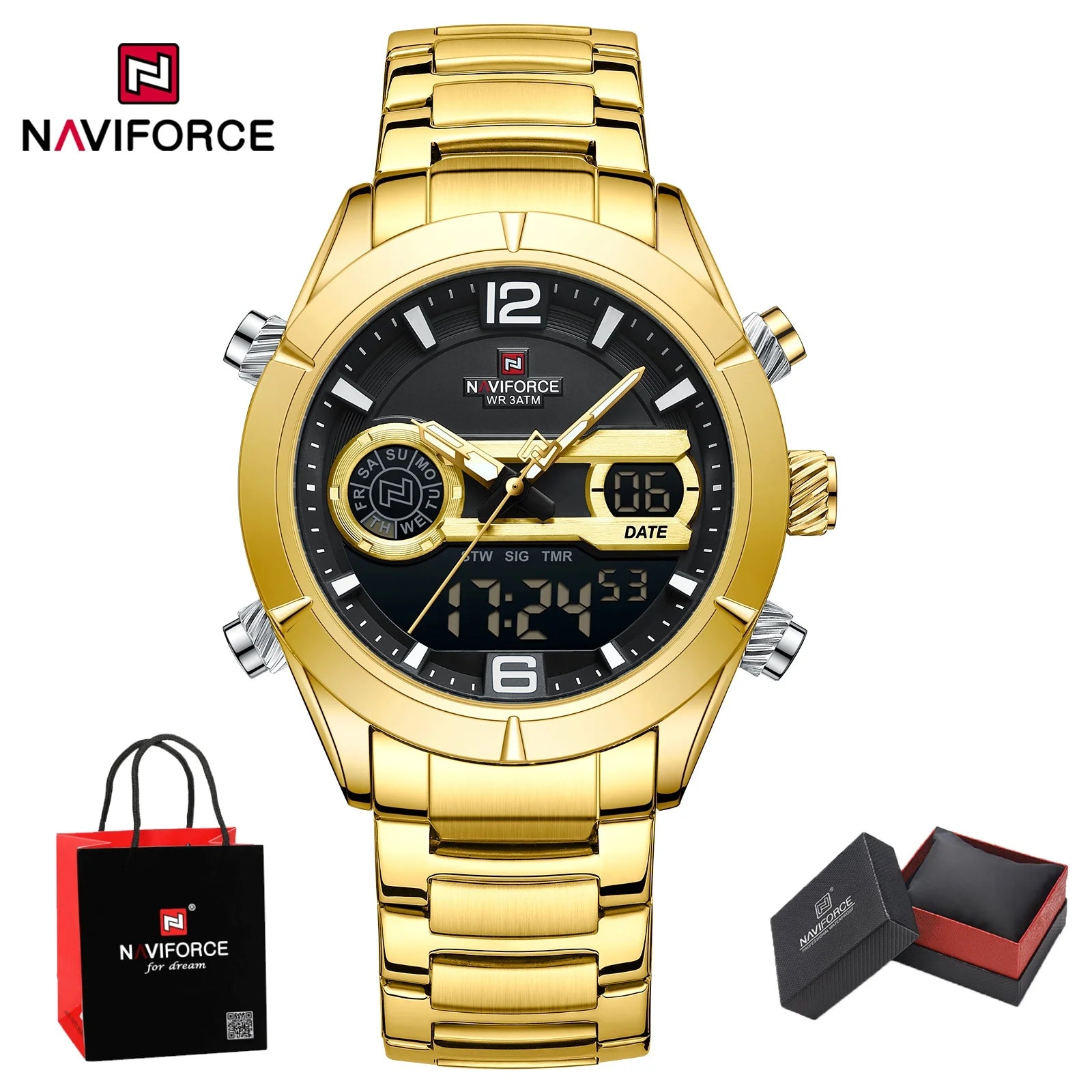 NAVIFORCE Men's Luxury Waterproof Digital Sport Watch Quartz Wristwatch Military Luminous Stainless Steel Strap Male gifts