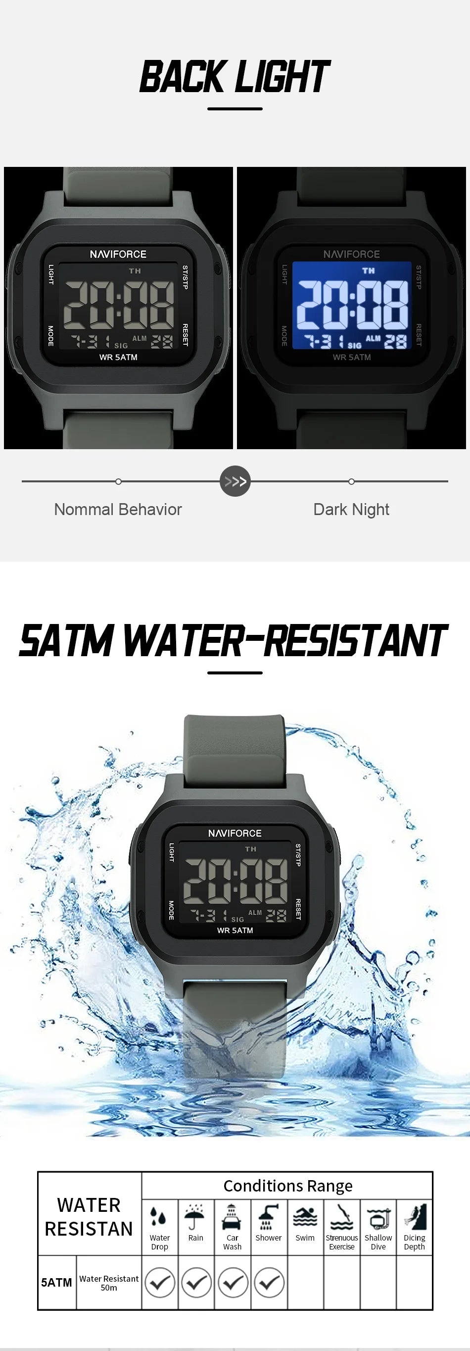 High Quality NAVIFORCE Men's Sport Wristwatch LCD Display 50m Waterproof Alarm Stopwatch BackLight Unique Square Case Gift Clock