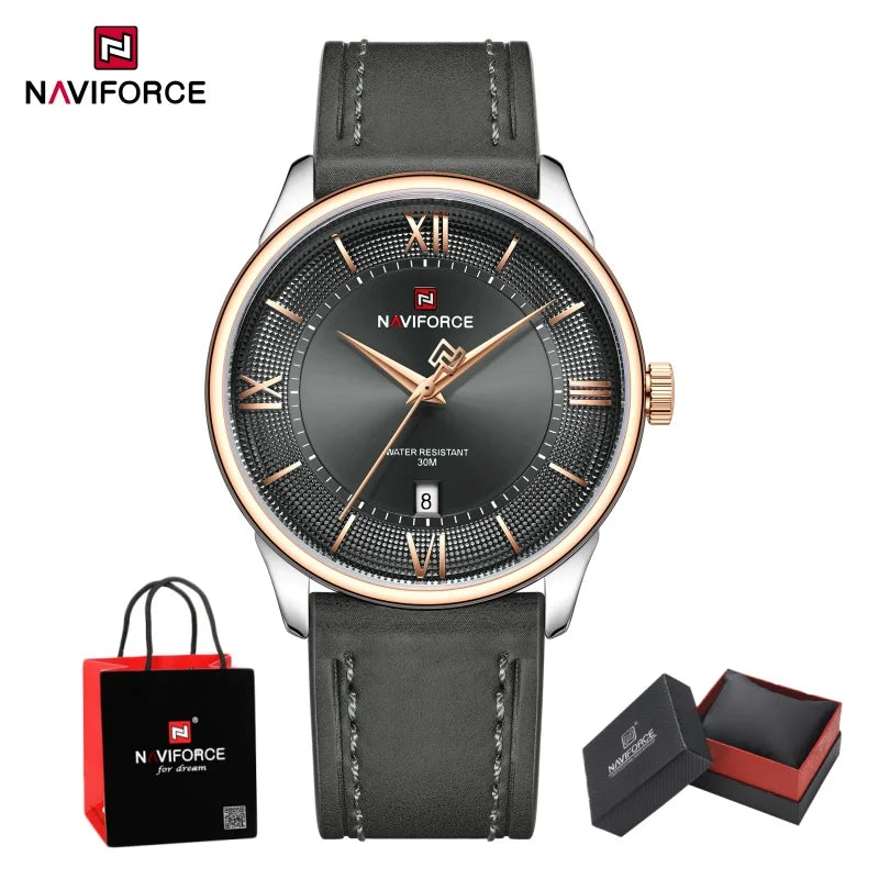 NAVIFORCE High Quality Men's Quartz Watch Date Display 3ATM Waterproof Leather Strap Male Fashionable Luxury Wristwatch Gift Box