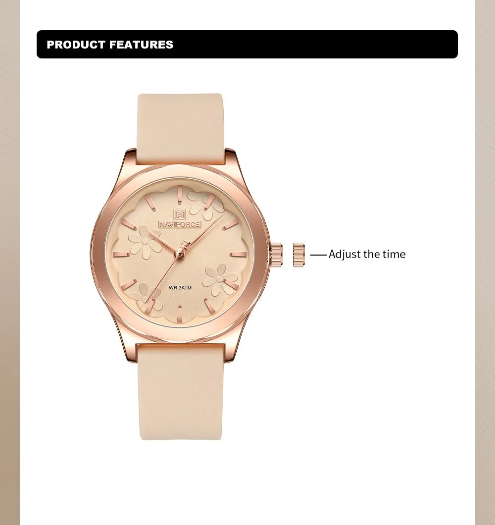 NAVIFORCE Women Simple Fashion Wristwatch Quartz 3ATM Waterproof Comfortable Silicone Strap Female Exquisite Wristwatch Gift Box