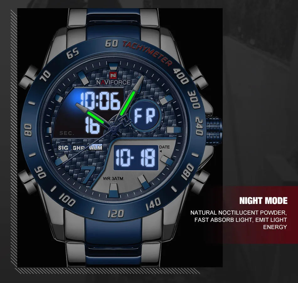 NAVIFORCE Male Quartz Dual Display Clocks Waterproof Luminous Stainless Steel Strap Watches Men Mature Style Wristwatch Gift Box