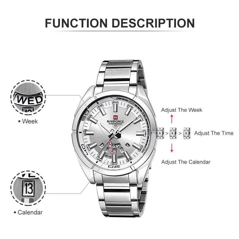 NAVIFORCE Classic Casual Watch for Men Stainless Steel Sport Waterproof Male Watches Quartz Date Display Clock Relogio Masculino