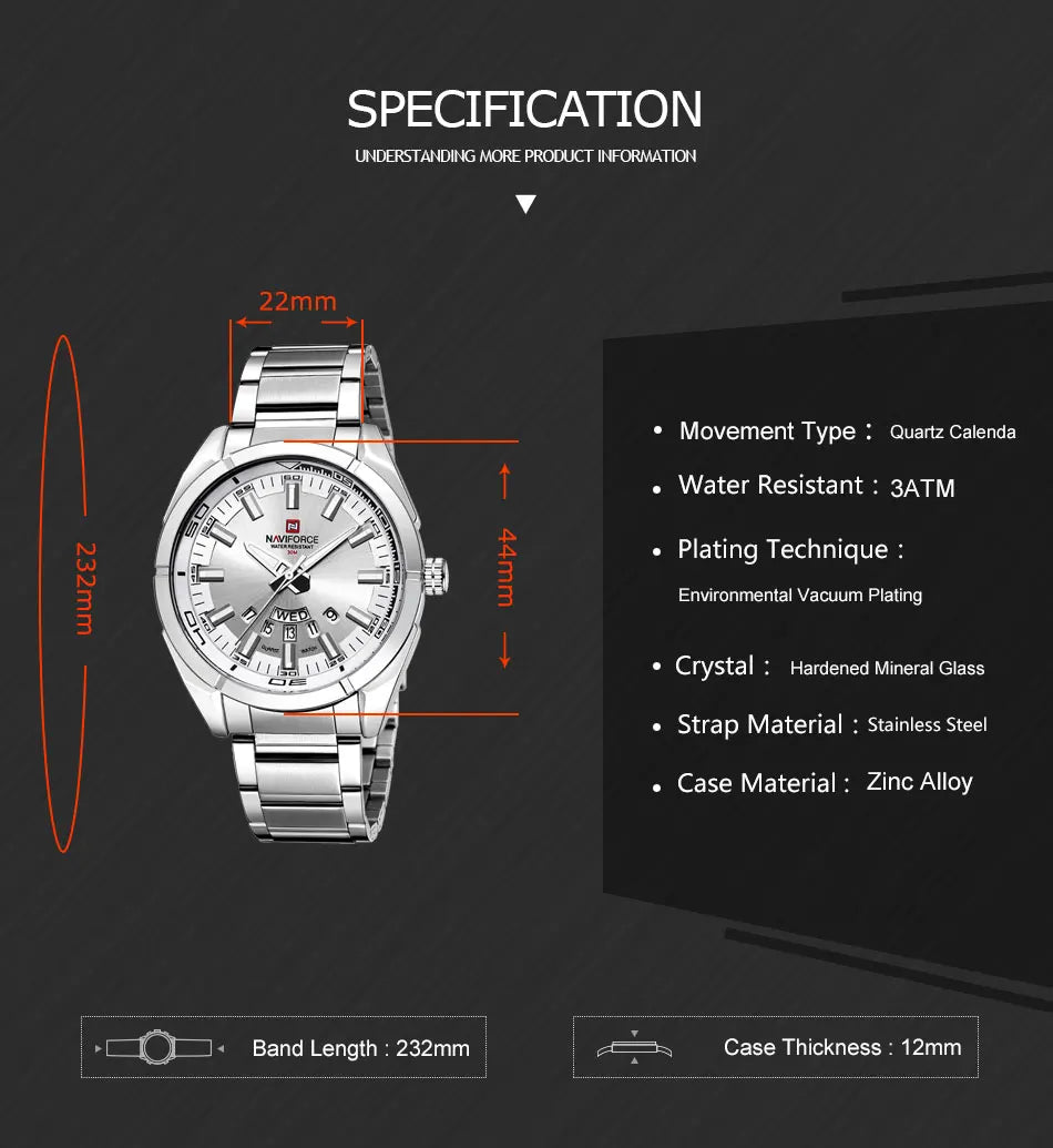 NAVIFORCE Classic Casual Watch for Men Stainless Steel Sport Waterproof Male Watches Quartz Date Display Clock Relogio Masculino